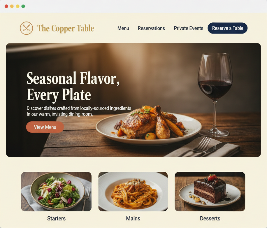 The Copper Table restaurant website mockup